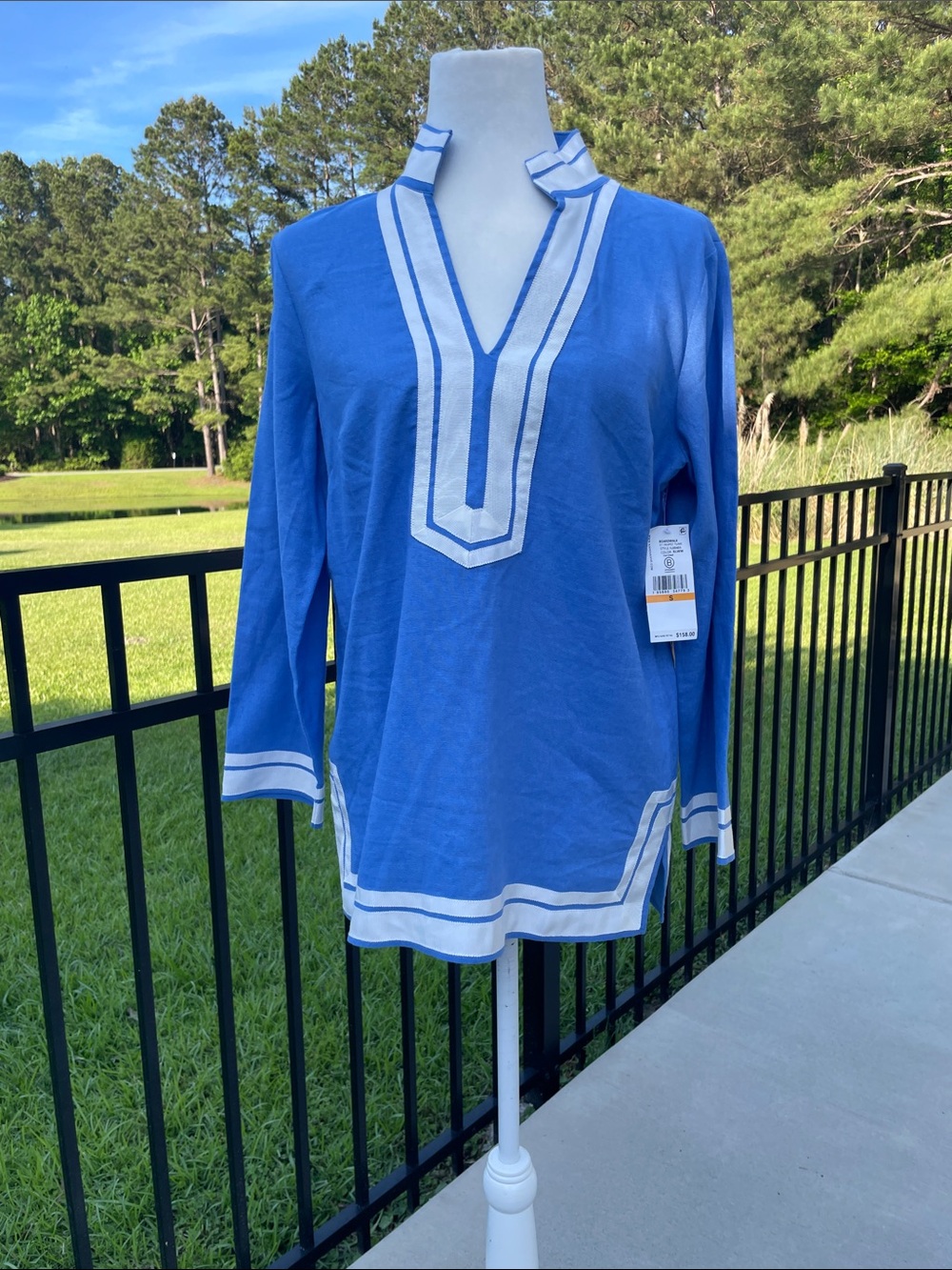 Karen Kane Boardwalk  St Trope. Blue Tunic with White Ribbon Trim